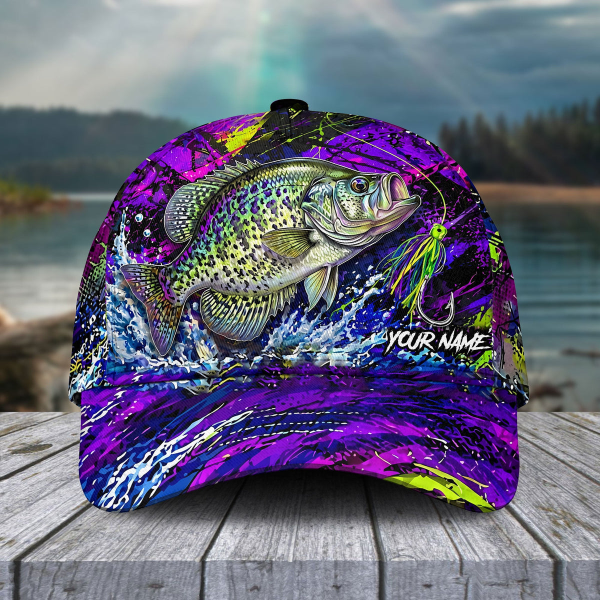 BlueJose Fishing Neon Purple Splash Lure Personalized Name Classic 3D Cap (13 Breeds)