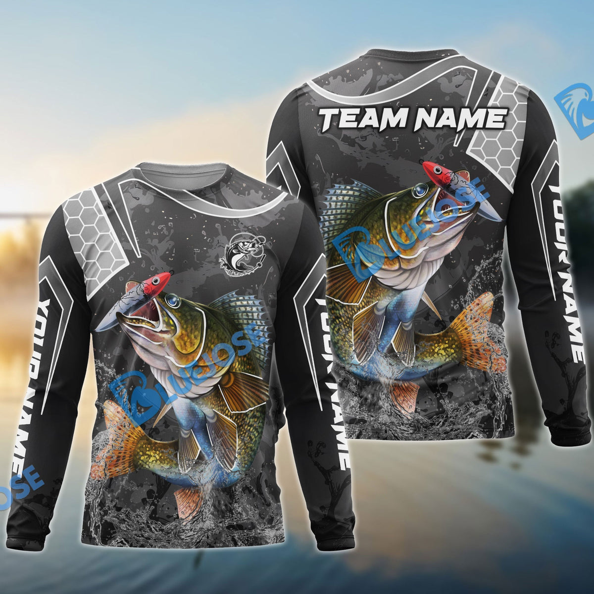 BlueJose Walleye Fishing Gray Camo Sport Custom Name & Team Name 3D Shirts