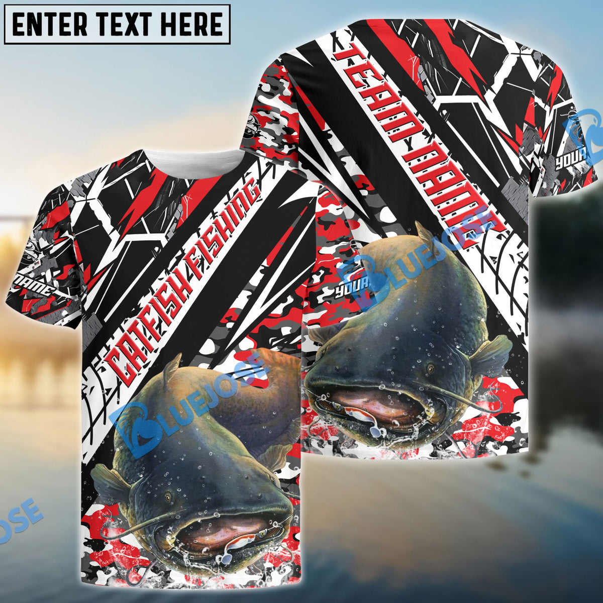 BlueJose Catfish Fishing Red Grunge Camo Custom Name & Team Name 3D Shirts