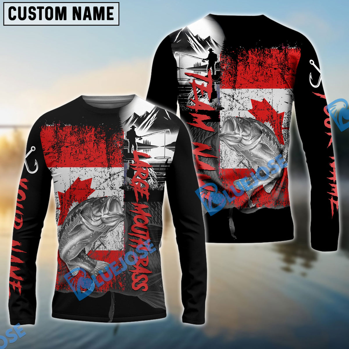 BlueJose Large Mouth Bass Fishing Black Canada Flag Sport Custom Name & Team Name 3D Shirts