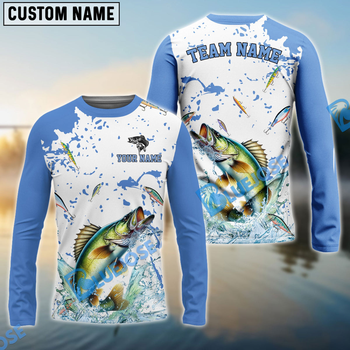 BlueJose Walleye Fishing White Light Blue Custom Name & Team Name 3D Shirts