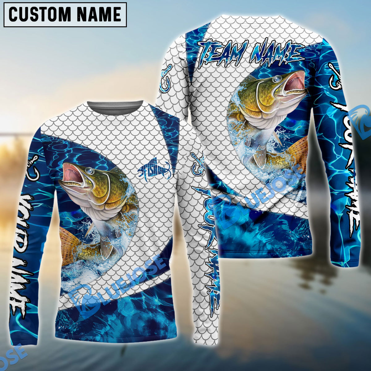 BlueJose Walleye Fishing Blue Wave Dynamic Sport Design Custom Name & Team Name 3D Shirts