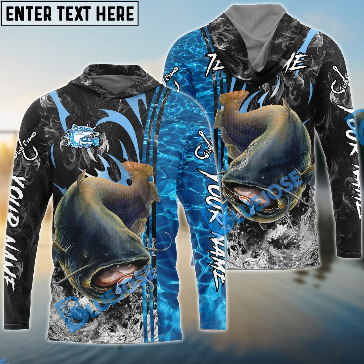 BlueJose Catfish Fishing Sparkling Water Smoke Pattern Design Custom Name & Team Name 3D Shirts