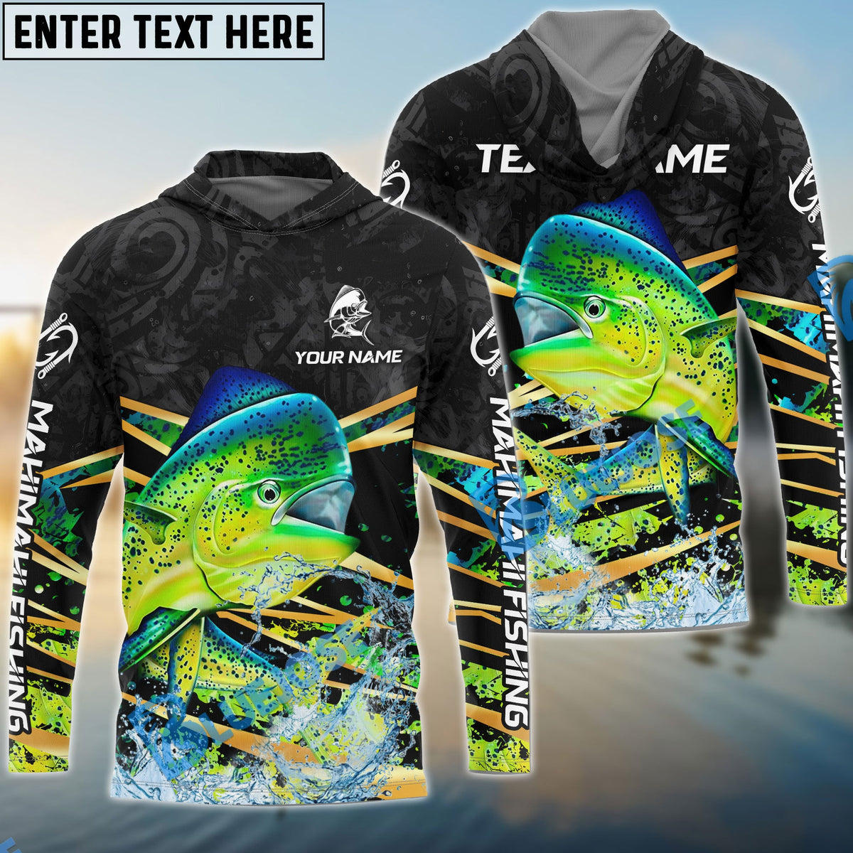 BlueJose Mahi-Mahi Fishing Black Gold Splash Dynamic Pattern Custom Name & Team Name 3D Shirts