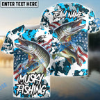 BlueJose Musky Fishing American Flag Light Blue Camo Custom Name & Team Name 3D Shirts