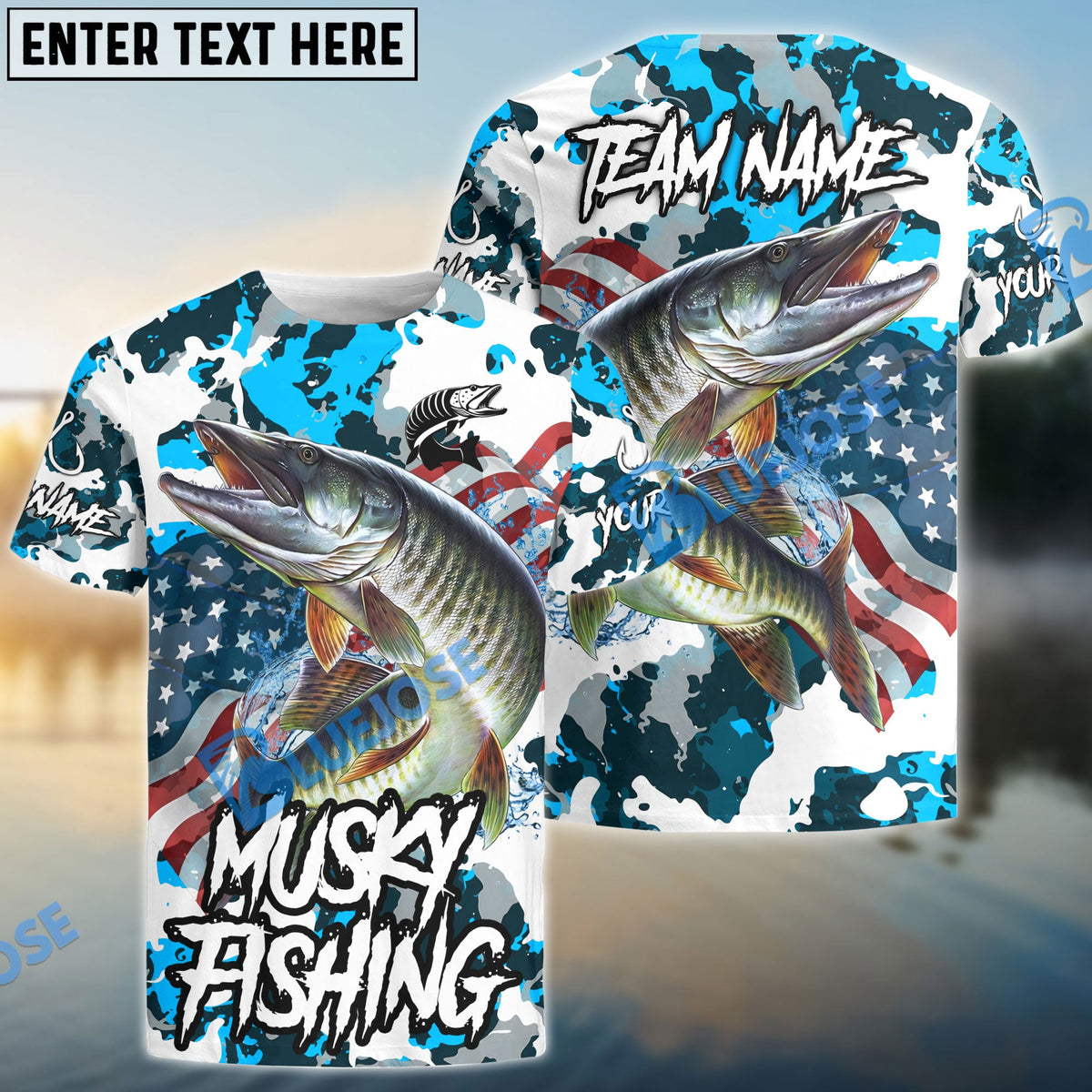 BlueJose Musky Fishing American Flag Light Blue Camo Custom Name & Team Name 3D Shirts