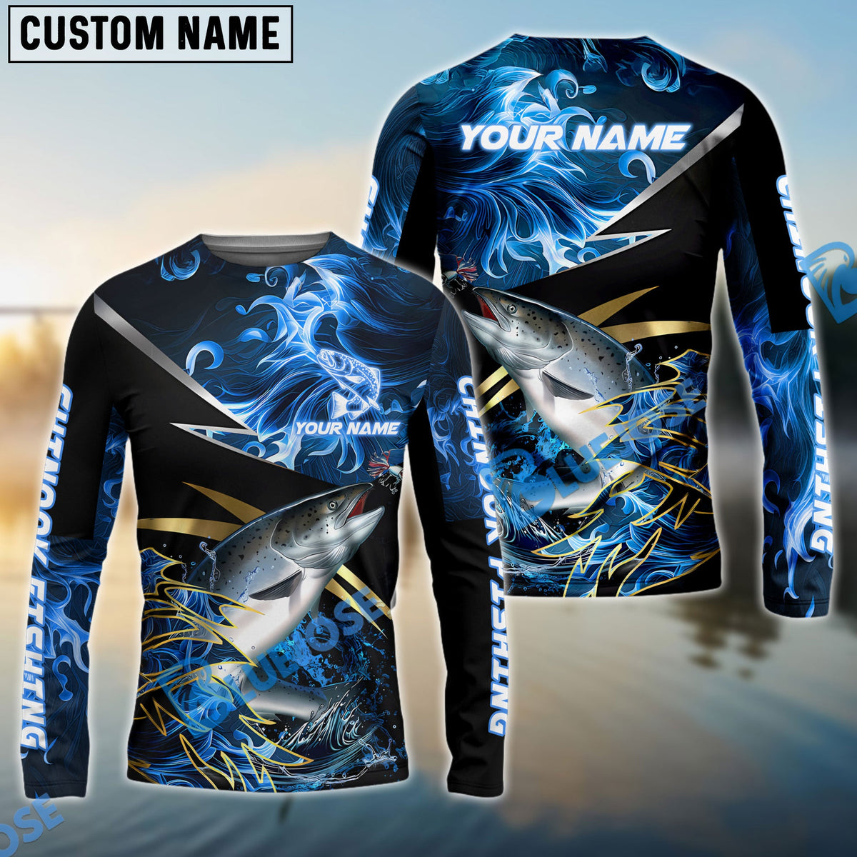 BlueJose Salmon Fishing Blue Flame Premium Golden & Silver Line Pattern Custom Name & Team Name 3D Shirts