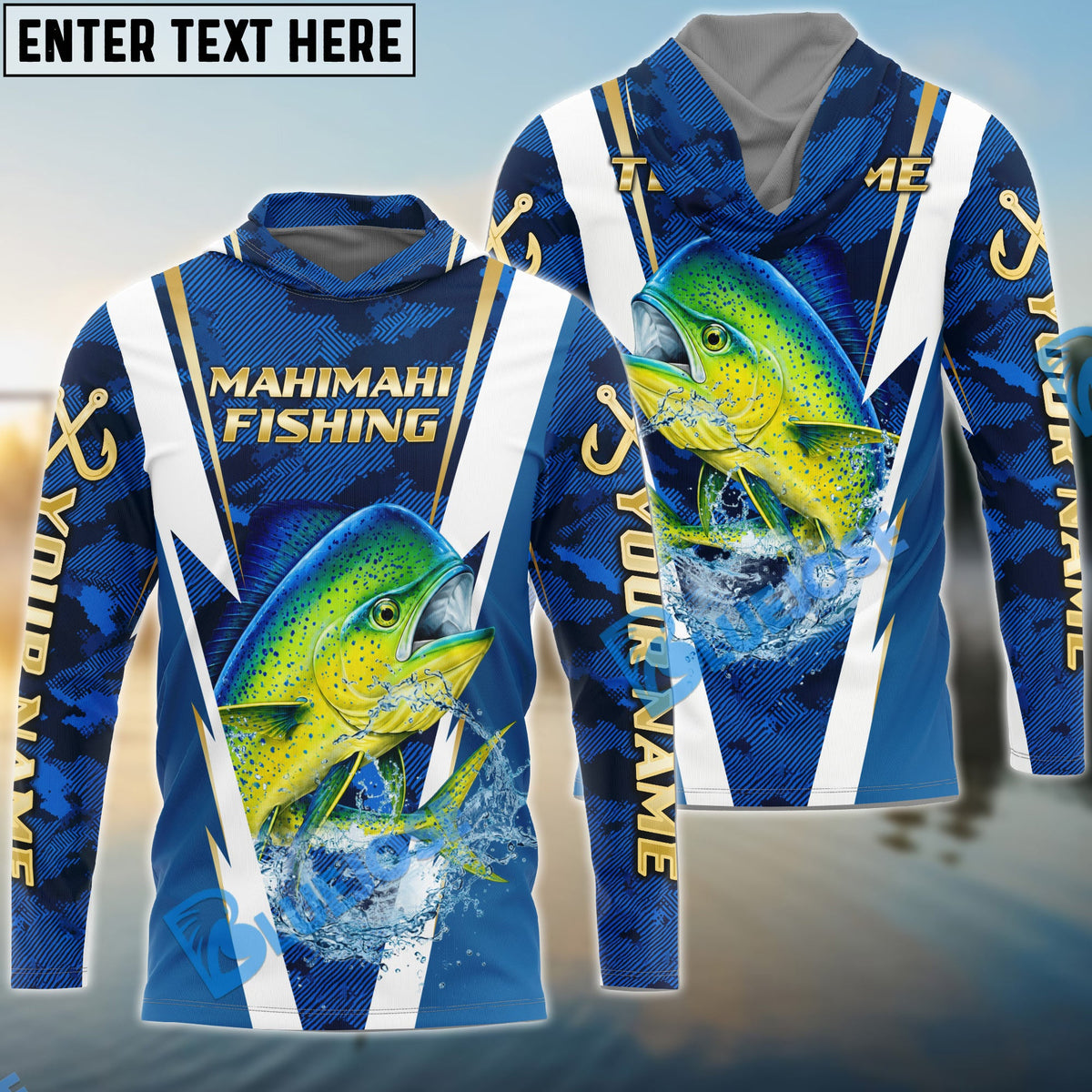 BlueJose Mahi-mahi Fishing Blue Camo Performance Custom Name & Team Name 3D Shirts