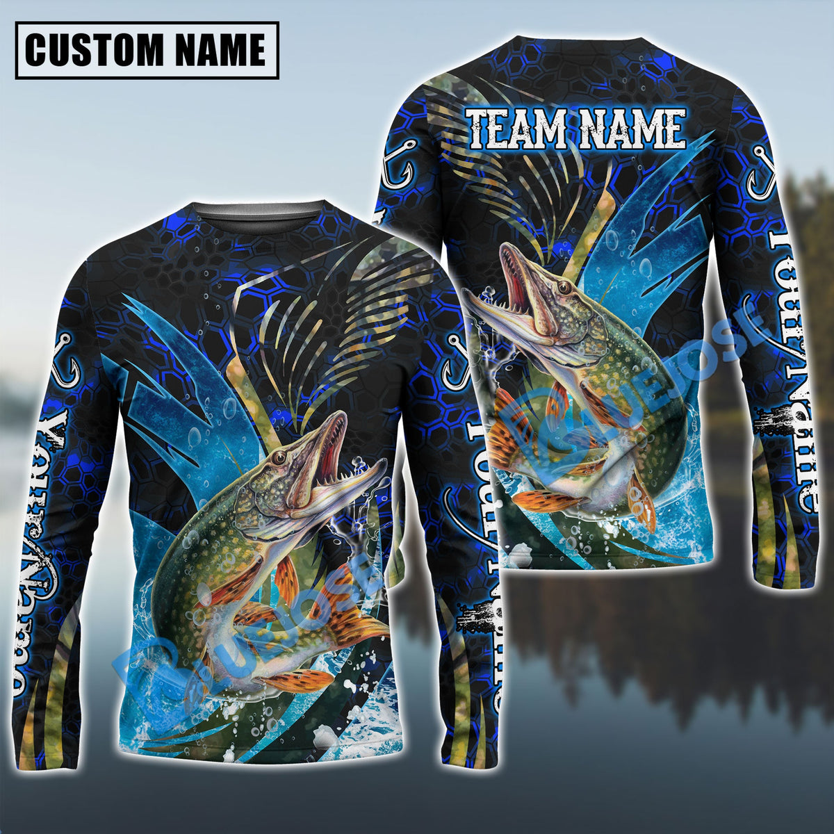 BlueJose Pike Fishing Tailored Tides Pattern Custom Name & Team Name Shirts