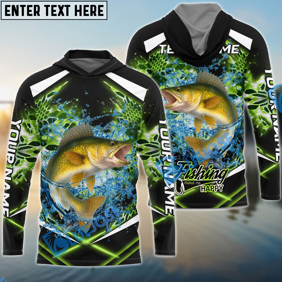 BlueJose Walleye Fishing Green Happy Hook Design Name & Team Name 3D Shirts