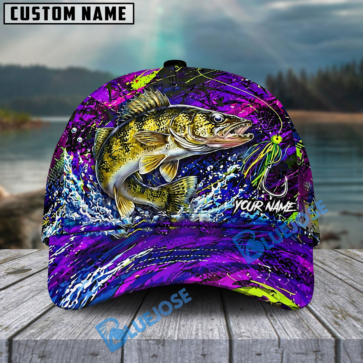 BlueJose Fishing Neon Purple Splash Lure Personalized Name Classic 3D Cap (13 Breeds)