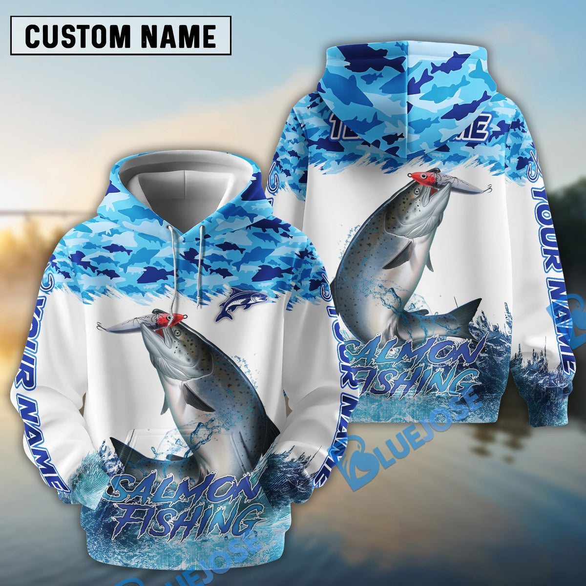 BlueJose Salmon Fishing Blue Water Camo Custom Name & Team Name 3D Shirts