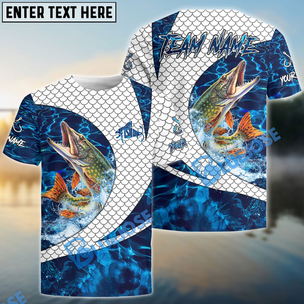 BlueJose Pike Fishing Blue Wave Dynamic Sport Design Custom Name & Team Name 3D Shirts