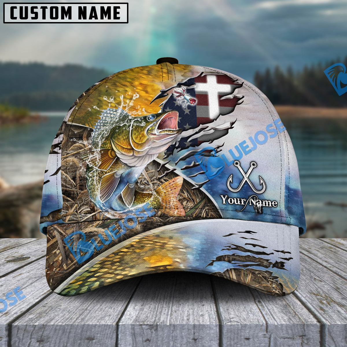 BlueJose Walleye Fishing American Flag & Cross Design with Camo Personalized Cap