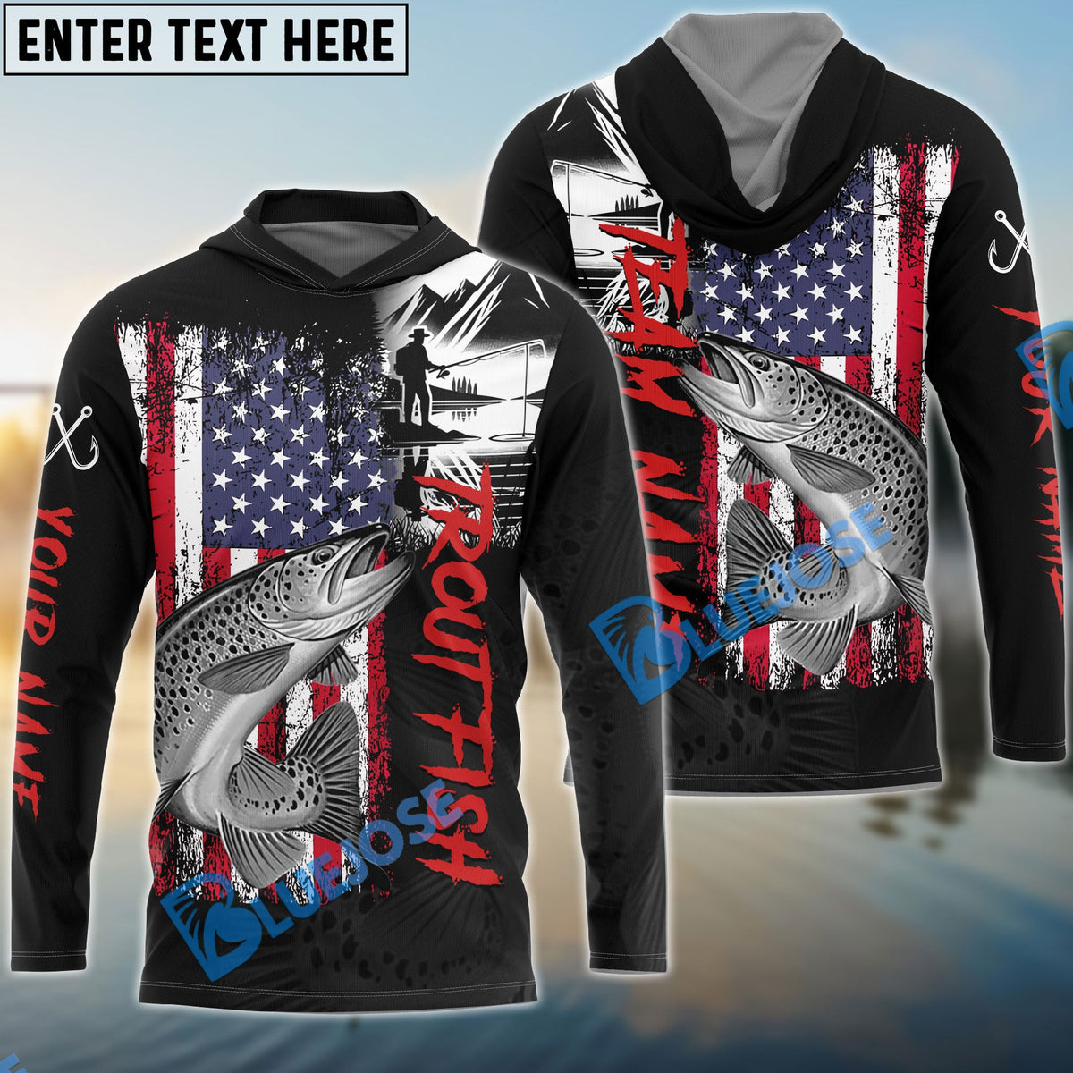 BlueJose Trout Fishing  Black US Flag Sport Custom Name & Team Name 3D Shirts