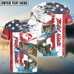 BlueJose Bass Fishing American Flag Red Blue Seawave Custom Name & Team Name 3D Shirts