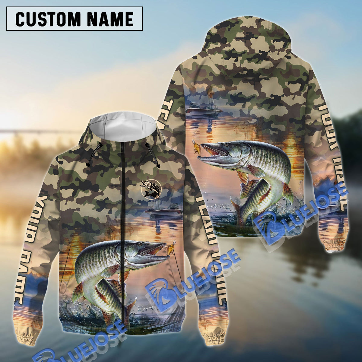 BlueJose Musky Fishing Camo Pattern Personalized Windbreaker Jacket