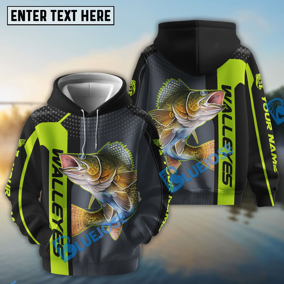 BlueJose Personalized Walleye Fishing Green Line Sport Jersey Fishing Shirts