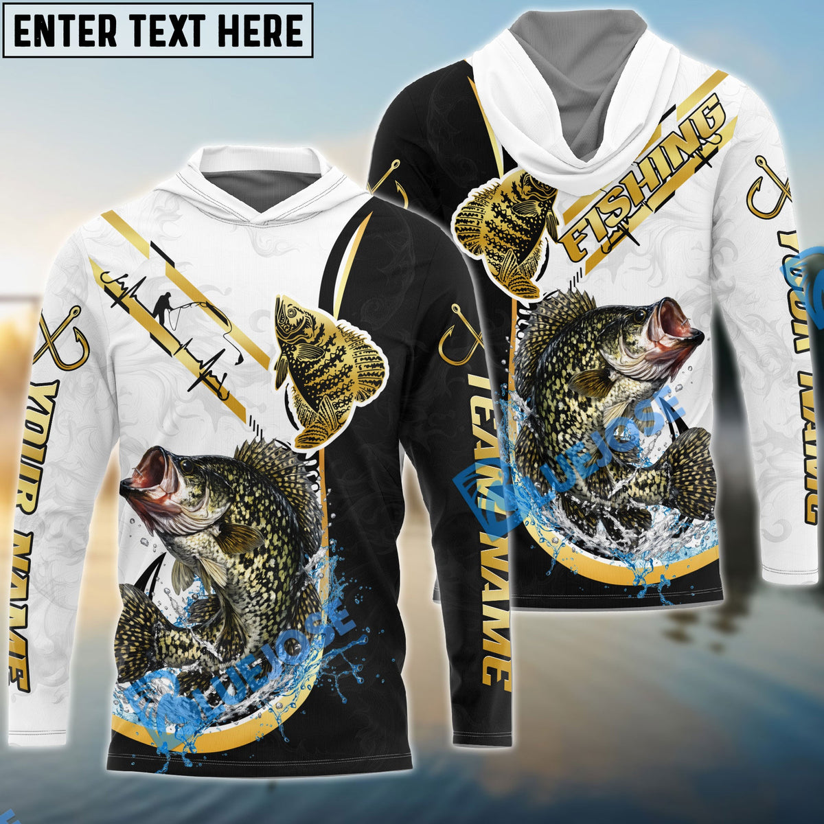 BlueJose Crappie Fishing Black Golden Hook Name & Team Name 3D Shirts