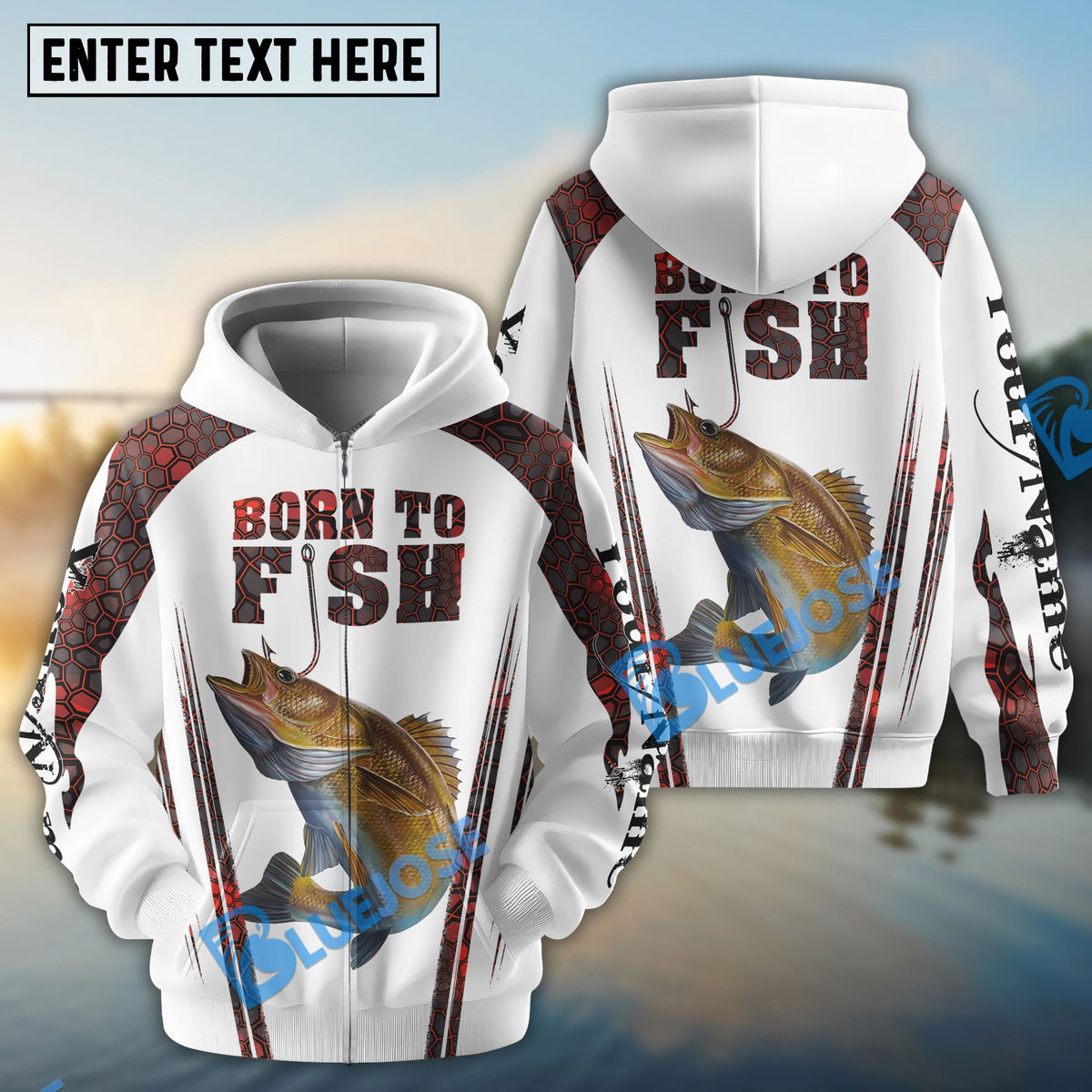 BlueJose "Born To Fish" Walleye Fishing Red Camo Custom Name Shirt