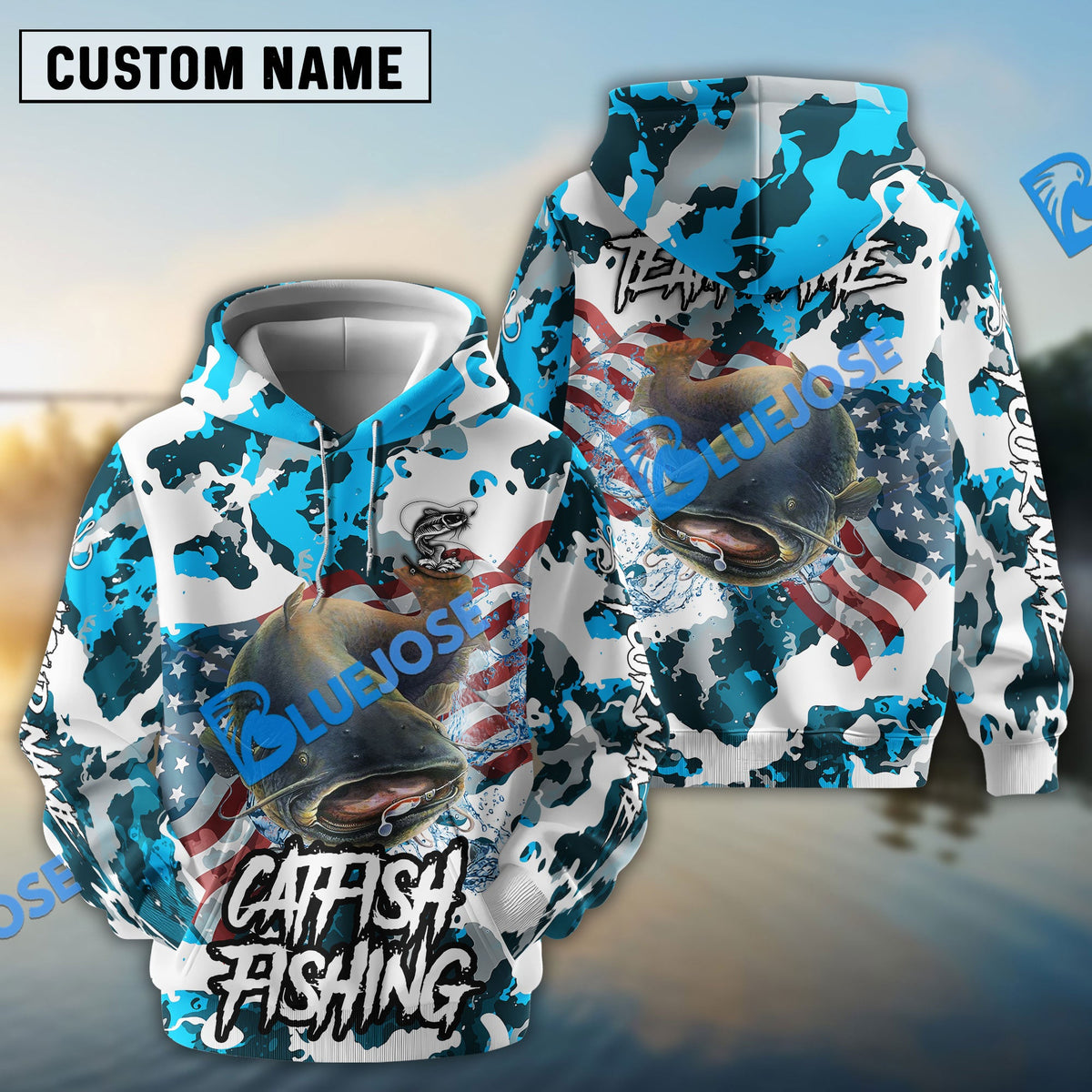BlueJose Catfish Fishing American Flag Light Blue Camo Custom Name & Team Name 3D Shirts