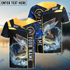 BlueJose Musky Fishing Golden With Blue Flame Pattern Custom Name & Team Name 3D Shirts