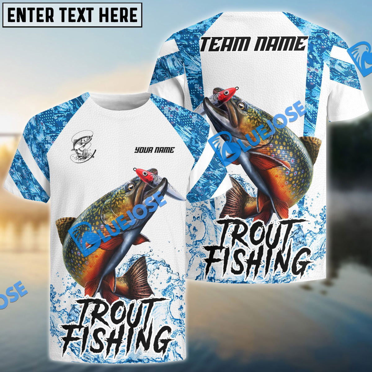 BlueJose Trout Fishing Blue Camo White Pattern Sport Custom Name & Team Name 3D Shirts