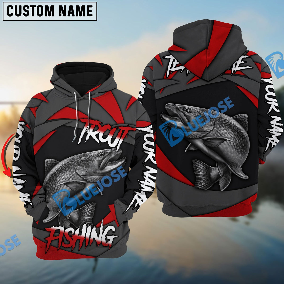 BlueJose Trout Fishing Red Gray Spinning Pattern Custom Name & Team Name 3D Shirts