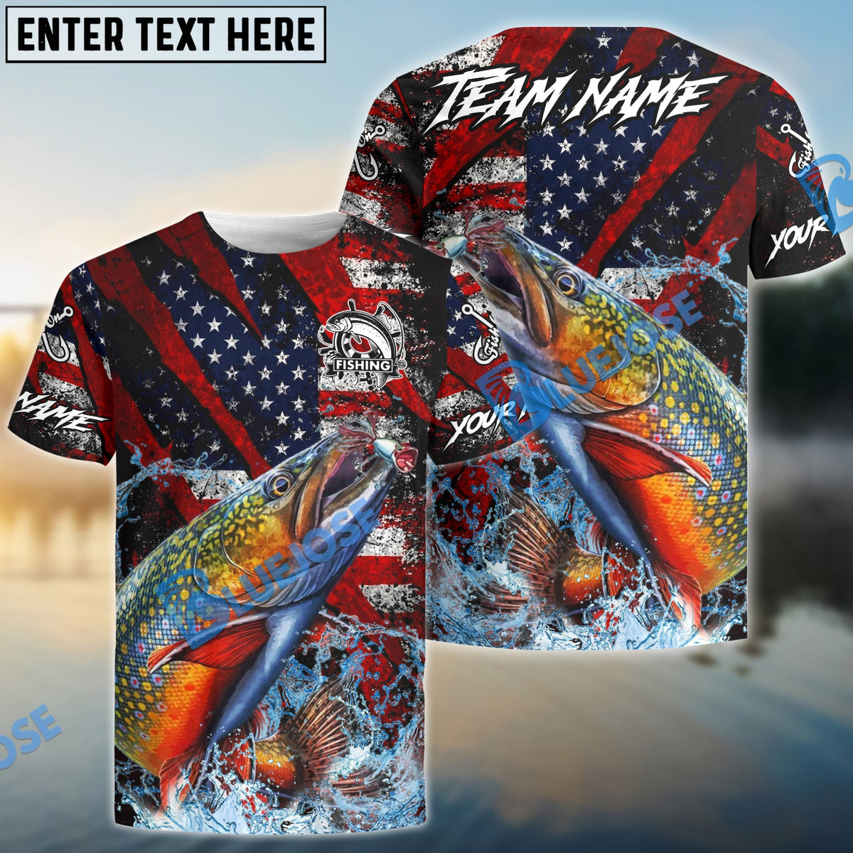 BlueJose Trout Fishing American Flag Grunge Red Scratch Custom Name & Team Name 3D Shirts