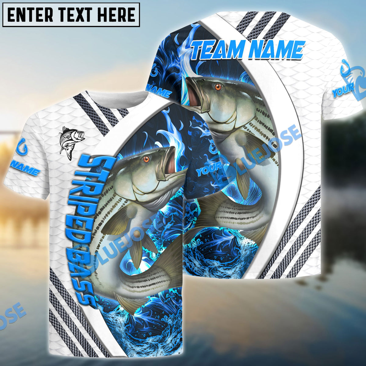 BlueJose Striped Bass Fishing White Blue Lava Sport Custom Name & Team Name 3D Shirts
