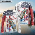 BlueJose Trout Fishing American Flag Red Blue Seawave Custom Name & Team Name 3D Shirts