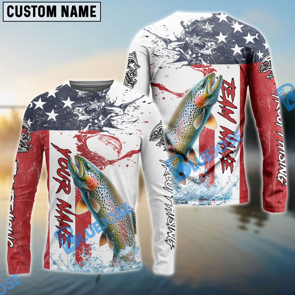 BlueJose Trout Fishing American Flag Red Blue Seawave Custom Name & Team Name 3D Shirts