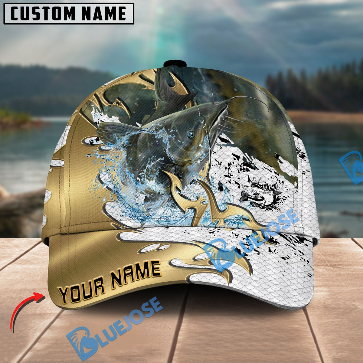 BlueJose Fishing Scale Pattern Gold Accent Water Splash Personalized Cap (13 Breeds)