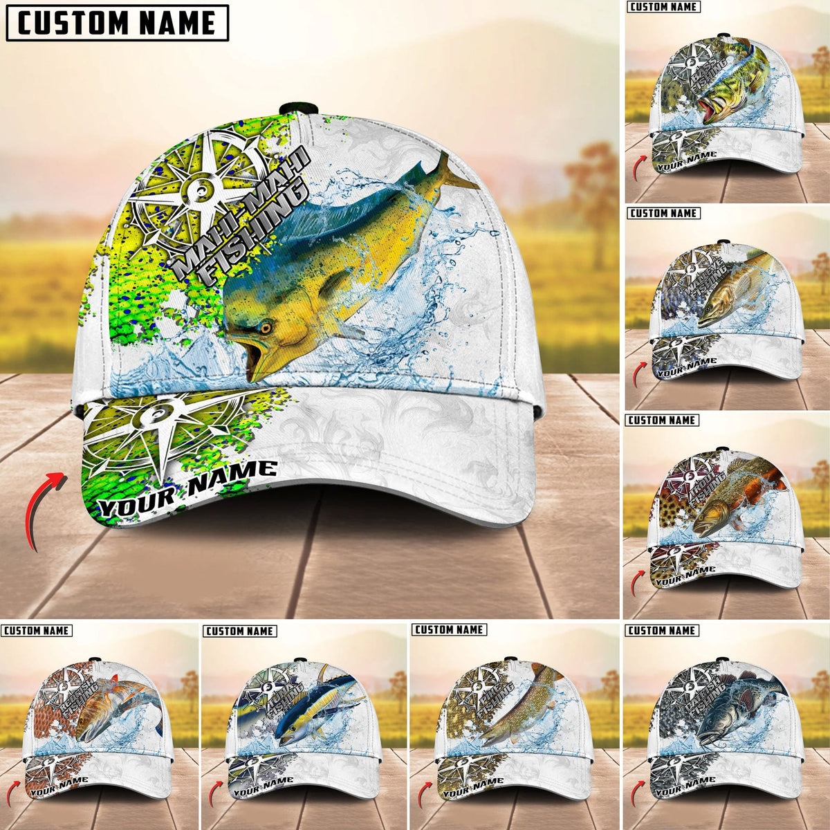 BlueJose Fishing Compass Vintage Art Splash Design Personalized Cap (13 Breeds)