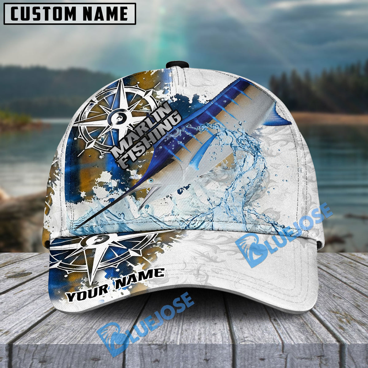 BlueJose Fishing Compass Vintage Art Splash Design Personalized Cap (13 Breeds)