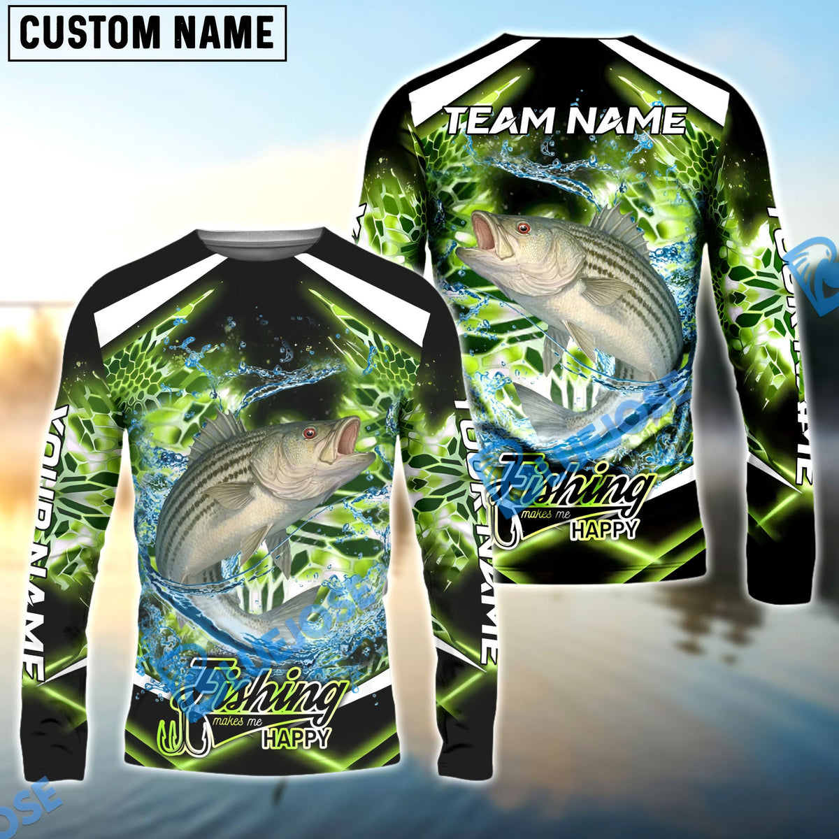 BlueJose Striped Bass Fishing Green Happy Hook Design Name & Team Name 3D Shirts