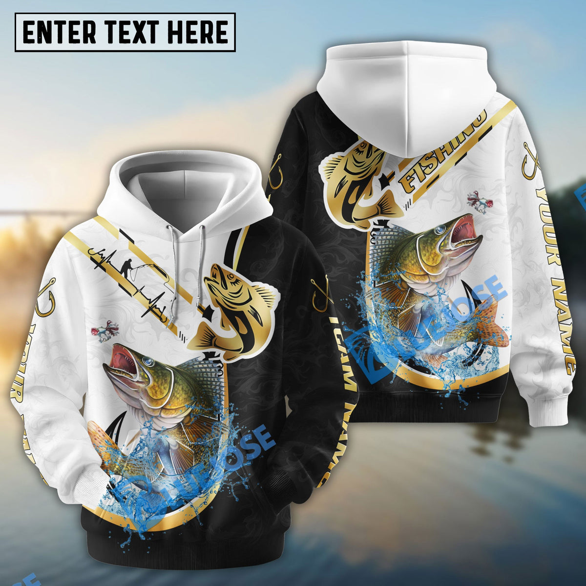 BlueJose Walleye Fishing Black Golden Hook Name & Team Name 3D Shirts