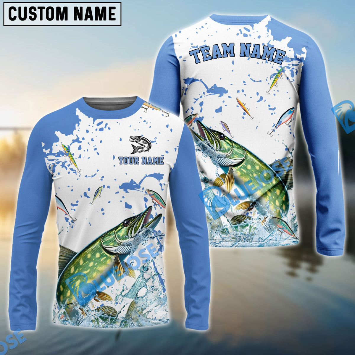 BlueJose Pike Fishing White Light Blue Custom Name & Team Name 3D Shirts