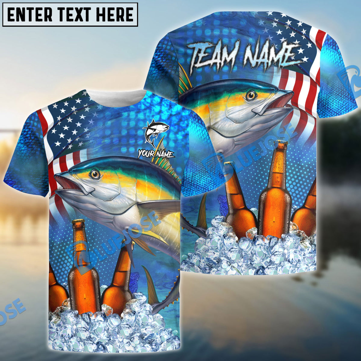 BlueJose Tuna Fishing Beer USA Flag Custom Name & Team Name Shirts