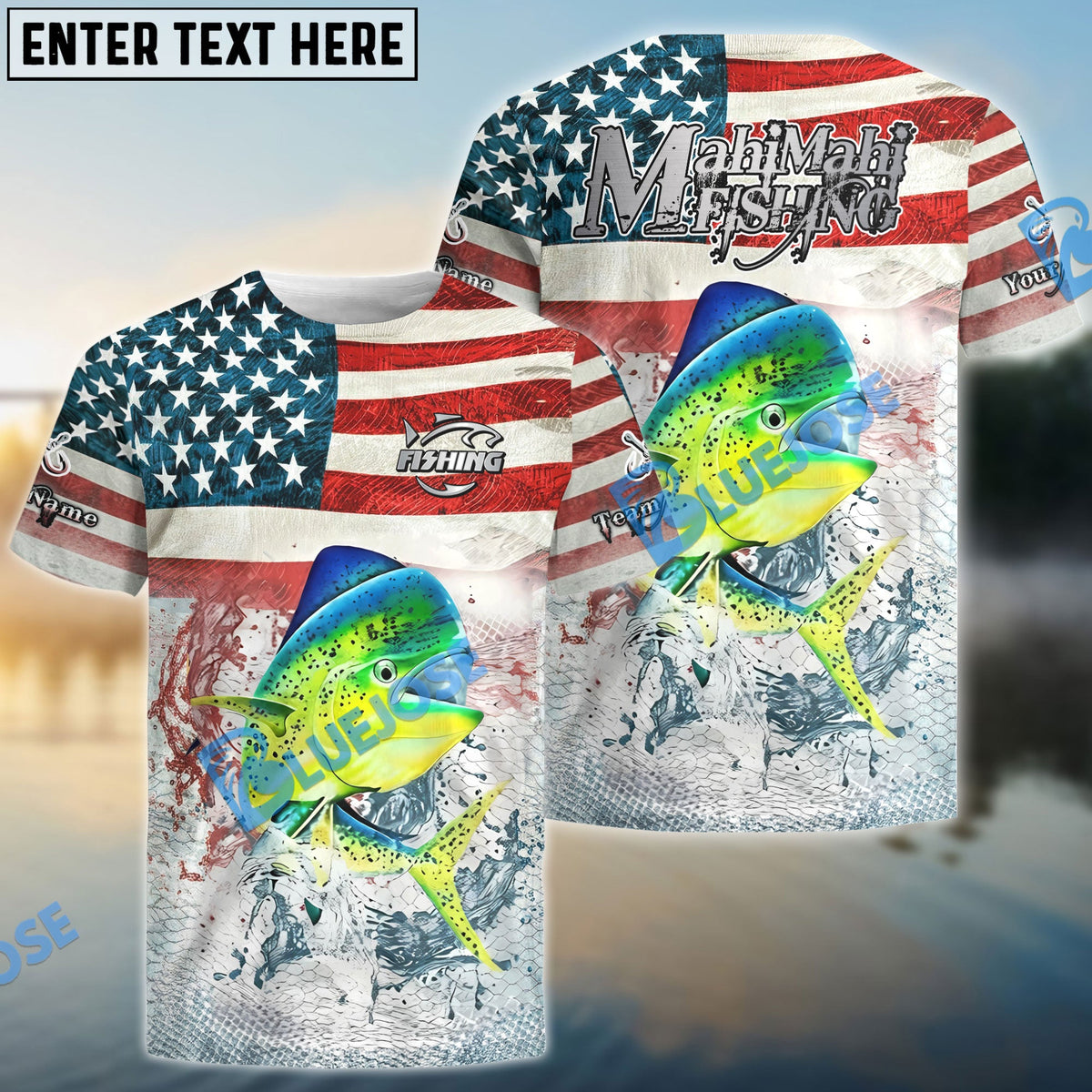 BlueJose Mahi-mahi Fishing American Flag Splash Design Custom Name & Team Name 3D Shirts