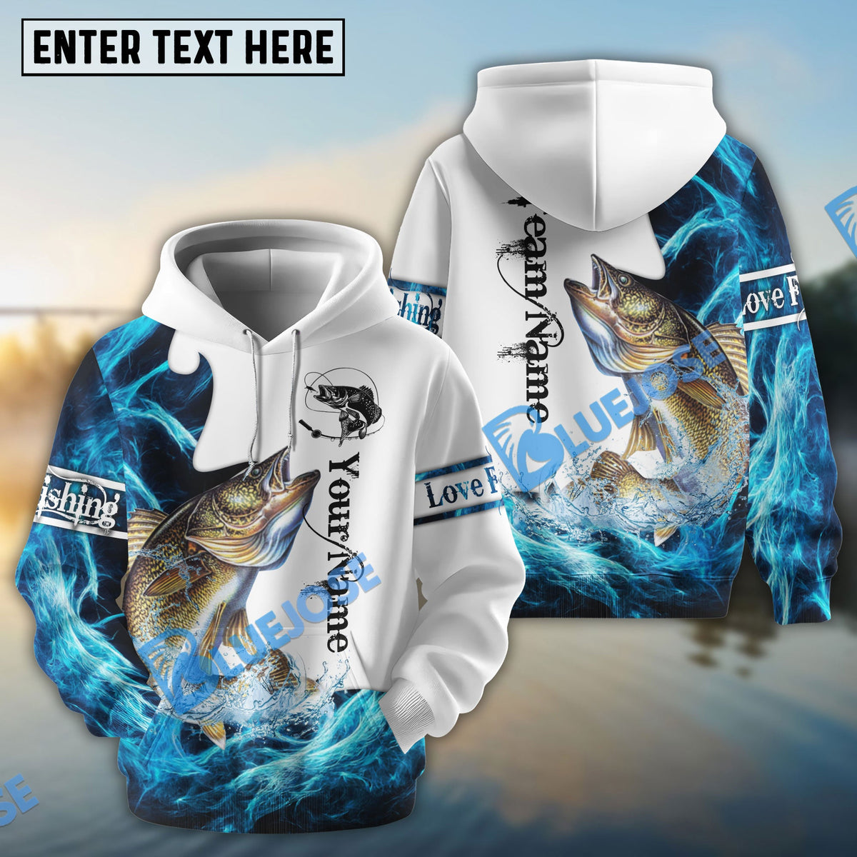 BlueJose Customize Name Walleye Fishing Water & White 3D Shirts