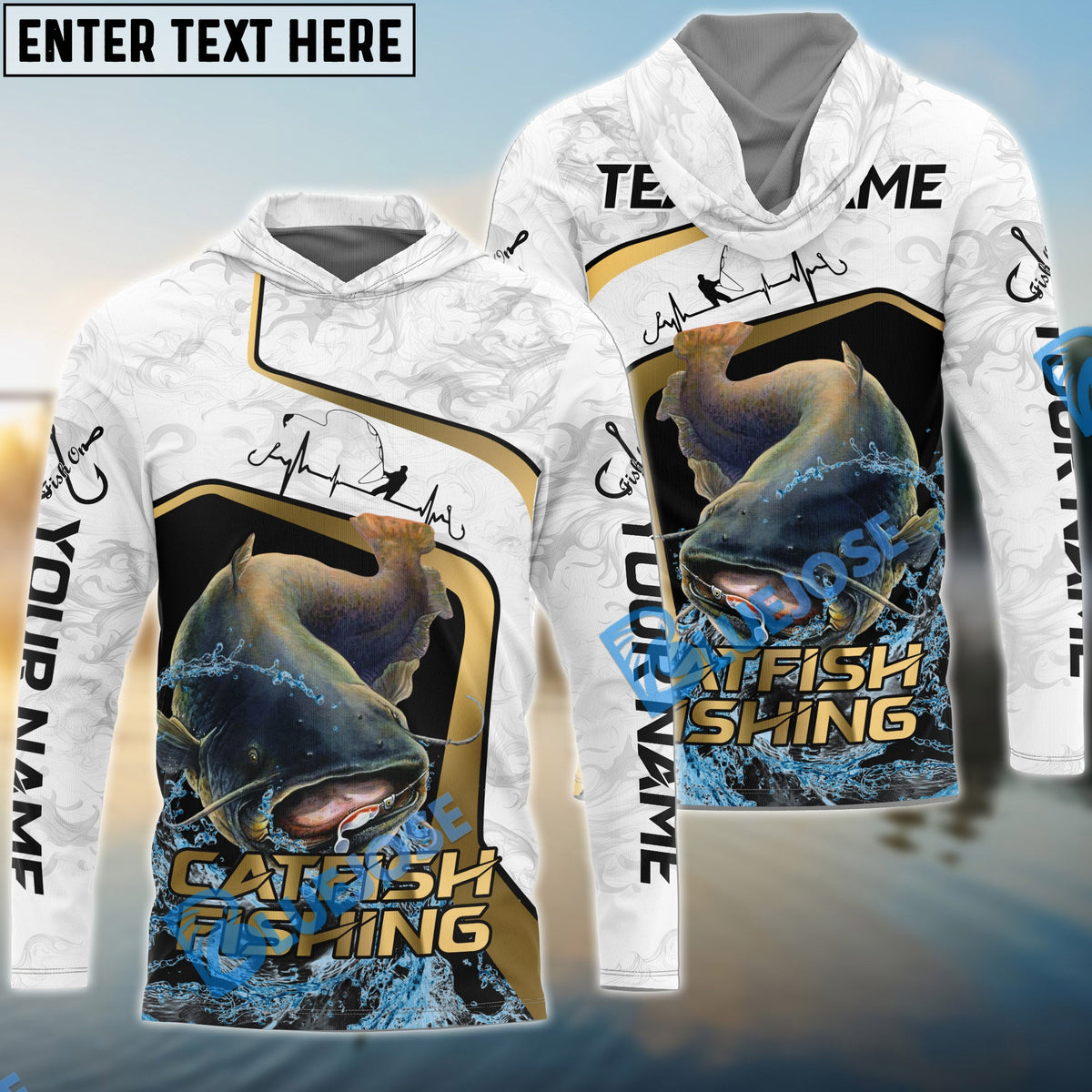 BlueJose Catfish Fishing White Marble & Gold Trim Splash Heartbeat Line Custom Name & Team Name 3D Shirts