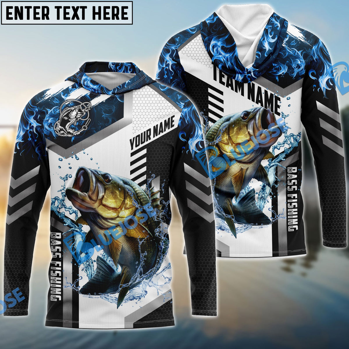 BlueJose Bass Fishing Blue Flame Sport Custom Name & Team Name Shirts