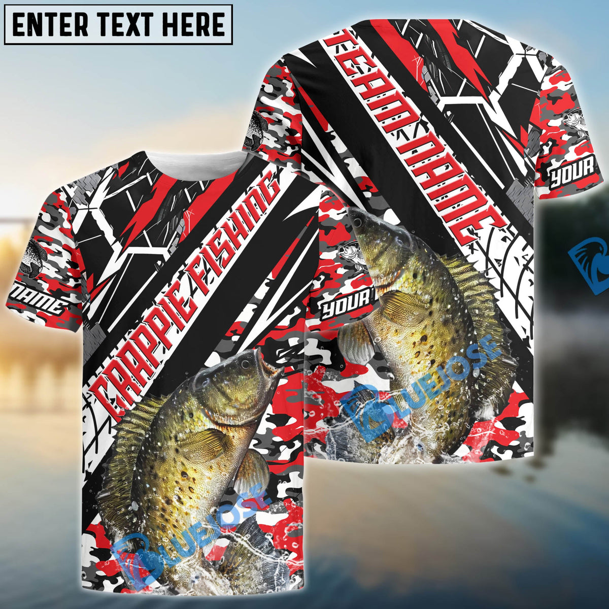 BlueJose Crappie Fishing Red Grunge Camo Custom Name & Team Name 3D Shirts