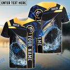 BlueJose Marlin Fishing Golden With Blue Flame Pattern Custom Name & Team Name 3D Shirts