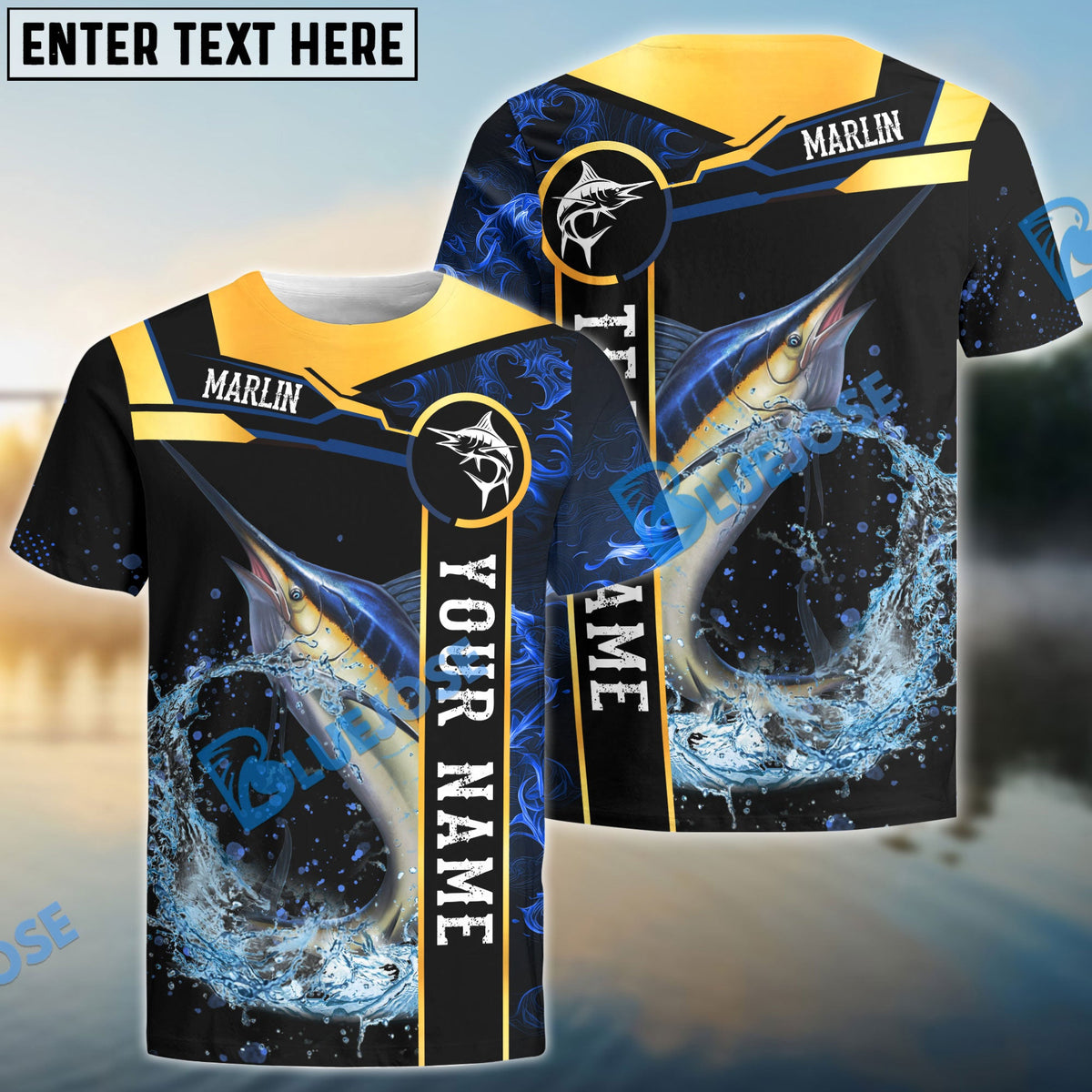 BlueJose Marlin Fishing Golden With Blue Flame Pattern Custom Name & Team Name 3D Shirts