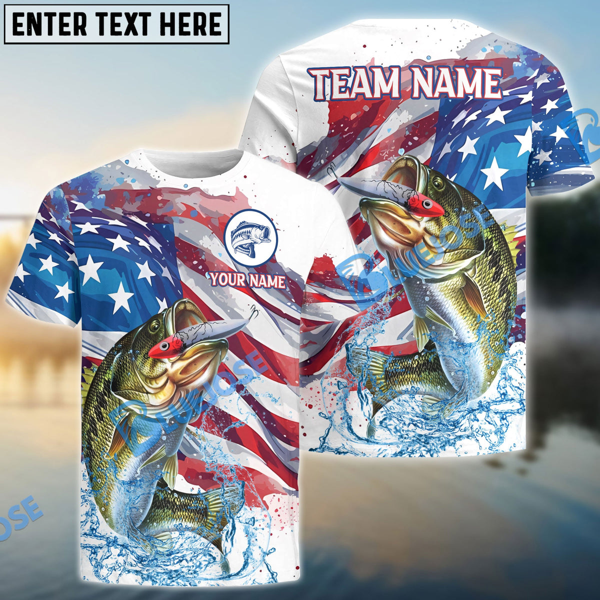 BlueJose Striped Bass Fishing Watercolor USA Flag Custom Name & Team Name Shirts