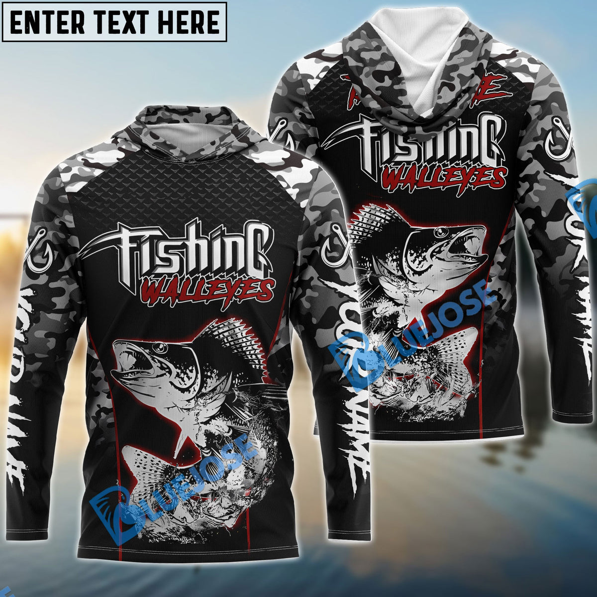 BlueJose Walleye Fishing Aggressive Red Splash Camo Pattern Sport Custom Name & Team Name 3D Shirts