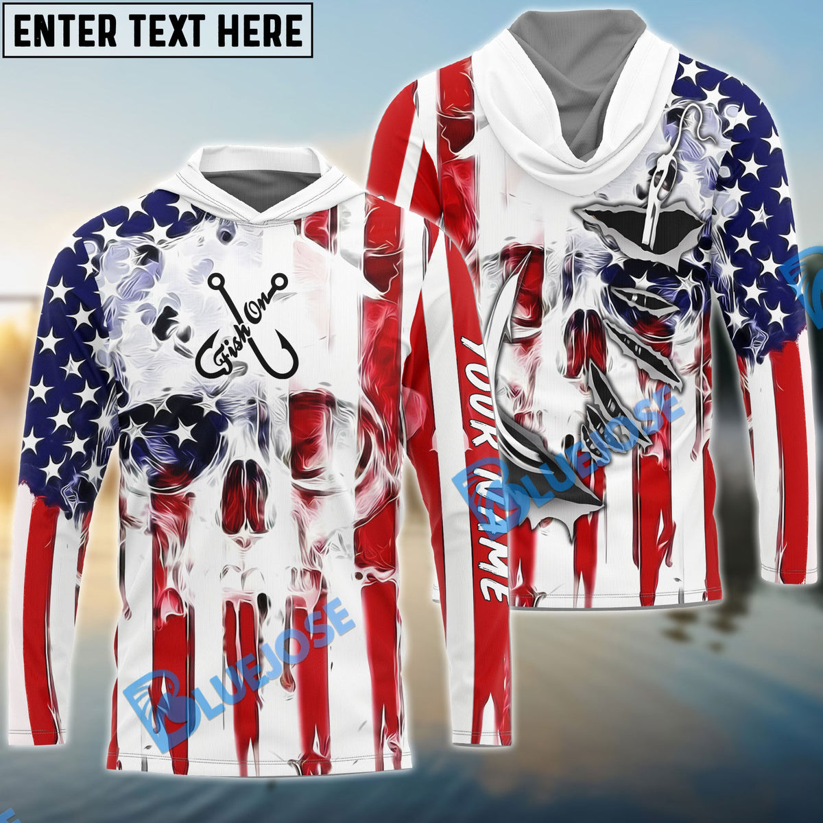 BlueJose American Flag Skull Fish Hook Long Sleeve Fishing Shirts, Personalized Patriotic Fishing Gifts