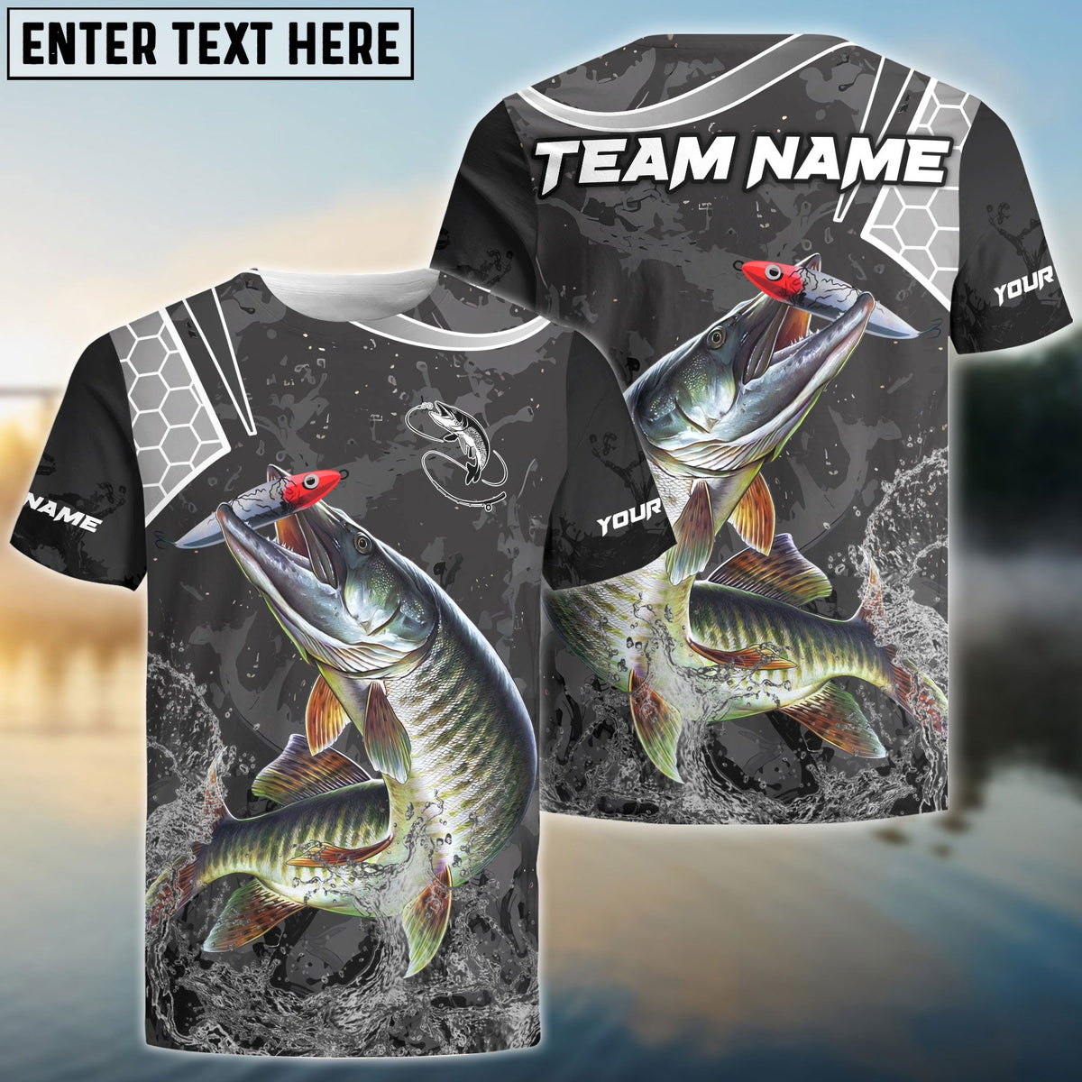 BlueJose Musky Fishing Gray Camo Sport Custom Name & Team Name 3D Shirts